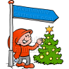 Christmas Elf Under Sign Post with Tree